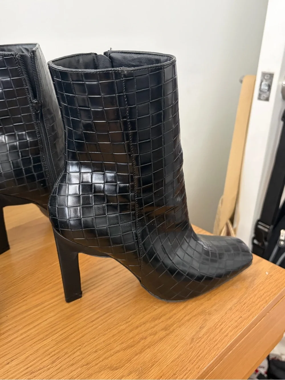 Black Croc-Textured Mid-Calf Boots